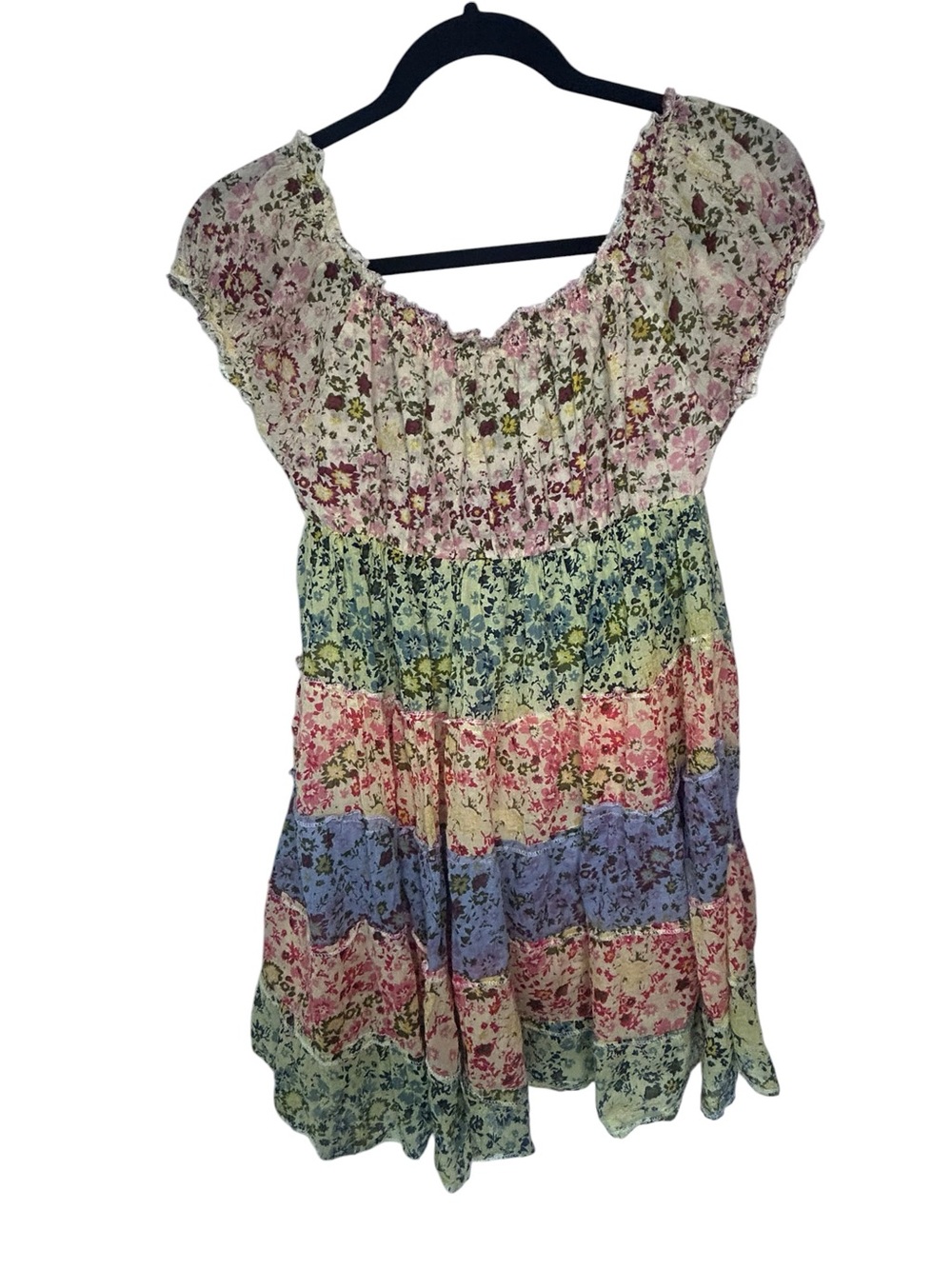 Tiered Floral Mini Dress in Pastel Multi-Color
